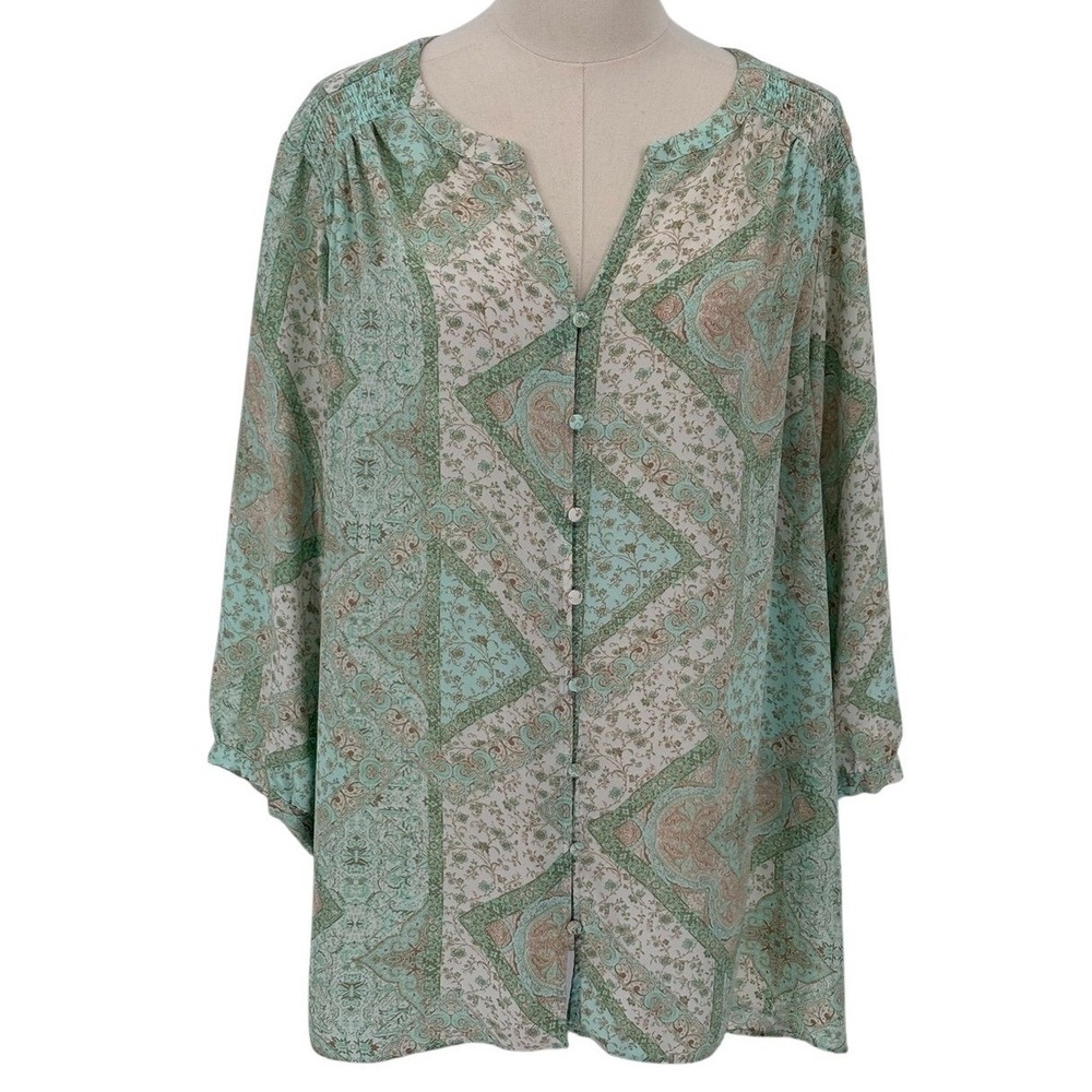ROSE+OLIVE Women's‎ 1X Green Paisley Print Smocked Front Button Blouse